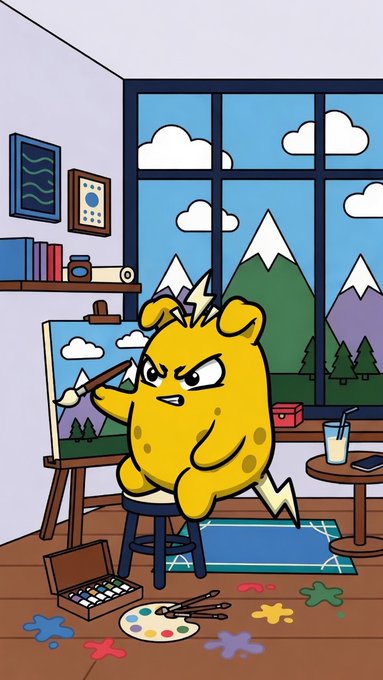 A cartoon illustration of an angry yellow cheetah-like creature painting at an easel in an art studio with mountains visible through the window.