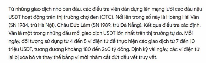 A Vietnamese text excerpt describing an OTC cryptocurrency exchange network, mentioning subjects Hoàng Hải Văn (born 1984, Hanoi) and Châu Đức Lâm (born 1989, Da Nang), who are identified as major USDT traders conducting transactions of 7-10 billion VND daily using 4-5 electronic wallets.