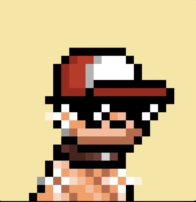 A minimalist 8-bit pixel-art portrait of a dark-haired person wearing a red cap and headset against a pale yellow background.