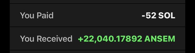 A cryptocurrency exchange receipt showing a payment of -52 SOL to receive +22,040.17892 ANSEM tokens, illustrating the user's dollar-cost averaging (DCA) investment into their $ANSEM "maxi" position.