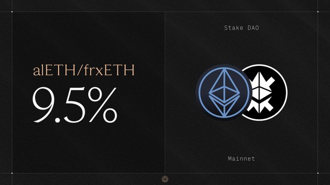 The image displays a black background with two logos positioned at the top and bottom corners, respectively. The first logo shows an ETHER token from the Ethereum network placed against the backdrop of the main page, while the second logo depicts a blue and white bitcoin coin symbol within the same layout as before. At the very bottom, there is text that reads: "alETH/frxETH on @StakeDAOHQ is yielding 9.5%. Yield-on-yield play (deleveraging over time). 2 - Borrow alETH at 90% LTV. 3 - Deposit into alETH/frxETH pool: ...". The layout and content of the image seem to be a part of the main discussion about Ethereum tokens, with the second logo serving as an example or reference for this information.