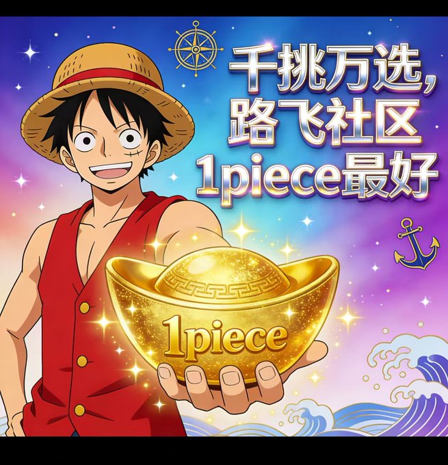 Anime-style promotional graphic featuring Monkey D. Luffy from One Piece holding a glowing gold ingot labeled "1piece," with Chinese text "千挑万选, 路飞社区 1piece最好" and nautical motifs like a ship's wheel and anchor.