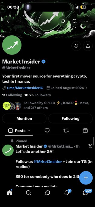 A screenshot of an X (Twitter) profile for 'Market Insider' (@MrketInsider), a crypto and tech account with 18.2K followers, featuring a pinned post about a giveaway for $50.