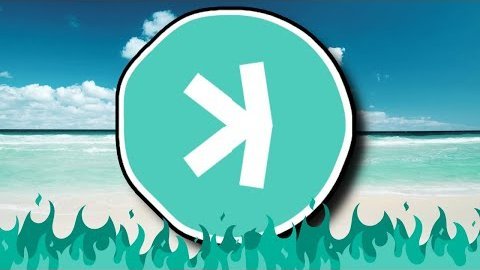 A white stylized airplane or arrow logo on a circular teal background, set against an illustration of a beach scene with grass.