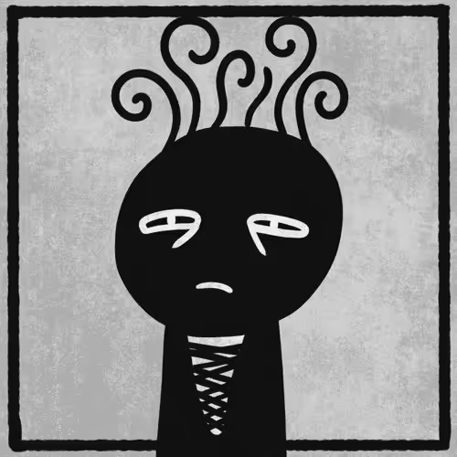 A black-and-white cartoon character with a round head, simple slanted eyes, a frown, and curling steam-like swirls rising from its head, wearing a laced-up garment. The crude, "degenerate" doodle aesthetic matches the post's playful description of intentionally silly NFT art being given away as a free mint.