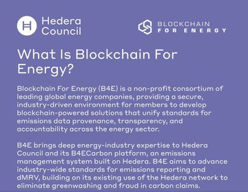 Hedera Council and Blockchain For Energy explain their non-profit consortium B4E, which builds blockchain-powered solutions for emissions data and MRV in carbon claims.
