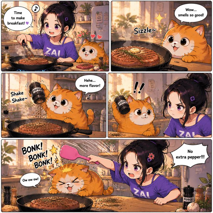 A cute anime-style comic shows a girl wearing a "ZAI" shirt cooking breakfast while her mischievous orange cat shakes pepper onto the sizzling steak, prompting her to playfully bonk the cat with a pink spatula saying "No extra pepper!!" — perfectly capturing the post's theme of a fun and surprising morning breakfast routine.