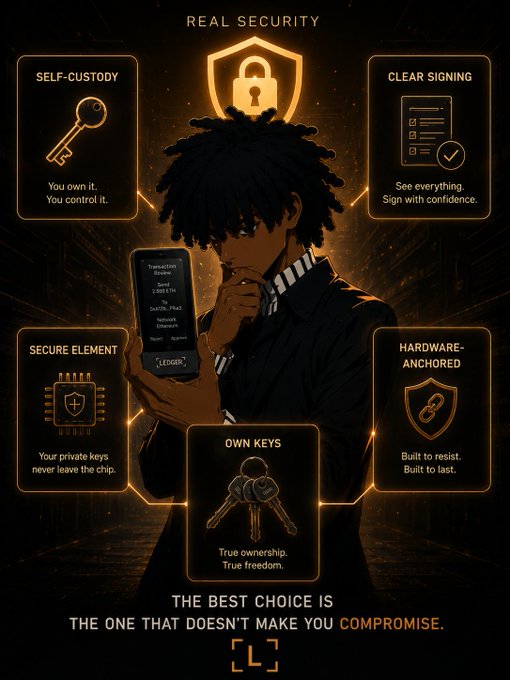 Promotional graphic for Ledger hardware wallet titled "REAL SECURITY," featuring a character holding a Ledger device and highlighting features like "SELF-CUSTODY," "CLEAR SIGNING," "SECURE ELEMENT," "HARDWARE-ANCHORED," and "OWN KEYS."