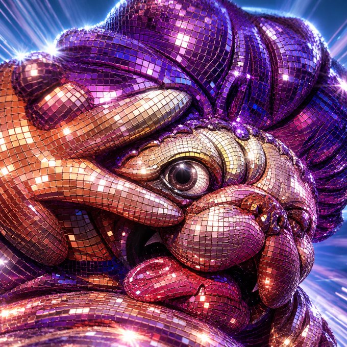 A vibrant digital mosaic artwork depicting a stylized creature or figure made entirely of shimmering purple, pink, and gold tiles with a prominent central eye.