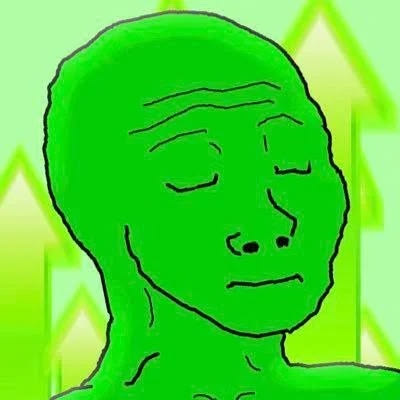 A digital illustration of a green, wrinkled humanoid figure with closed eyes set against a background of green upward arrows.