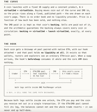 A document titled 'THE CURVE' explains a cryptocurrency trading mechanism involving virtualCoin, IMD, and ETH/ZMD pool swaps, with a diagram showing the swap process.