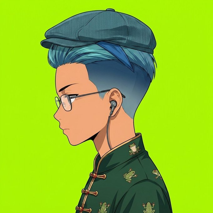 An anime-style illustration of a person with blue hair in an undercut style, wearing a teal newsboy cap, glasses, earbuds, and a dark green traditional Chinese jacket with frog patterns, shown in profile against a bright green background.