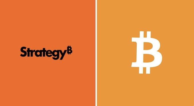 The image is split into two sections: an orange panel on the left displaying the "Strategy" logo with a Bitcoin symbol integrated into the text, and an orange panel on the right featuring the white Bitcoin "₿" symbol. This visual reinforces the post about Strategy selling 3,588 BTC for $216 million while still holding 843,775 BTC.