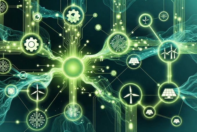 A futuristic green digital illustration depicting a network of interconnected icons including gears, wind turbines, solar panels, circuit boards, and data nodes linked by glowing lines.