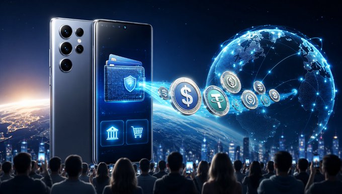 A promotional image showing a smartphone with digital wallet and banking icons, with dollar and cryptocurrency coins floating toward a digital globe, watched by a silhouetted crowd.