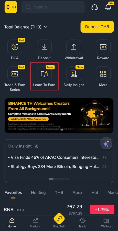 A Binance app home screen showcasing various crypto features, with a "Learn To Earn" section prominently highlighted in red and labeled "New" among other options like DCA, Deposit, Withdrawal, Reward, and Daily Insight.

The image illustrates the "Learn to Earn" program mentioned in the post, showing the entry point in the Binance app where users can participate in weekly Wednesday sessions to watch videos about coins like $DOGS and earn rewards.