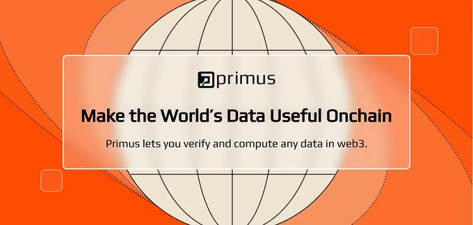 A Primus promotional graphic on an orange background with a globe design, displaying the tagline 'Make the World's Data Useful Onchain' and the subtitle 'Primus lets you verify and compute any data in web3.'