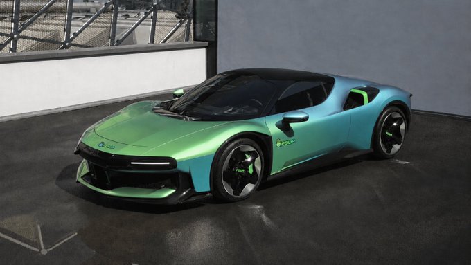 A sleek sports car with a green and blue gradient paint job, displaying the 'FLOKI' logo on its side, parked on a concrete floor.