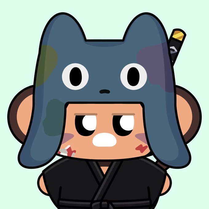 A cartoon character with a blue animal hood, a sword handle on its back, and a serious expression wears a dark kimono.
