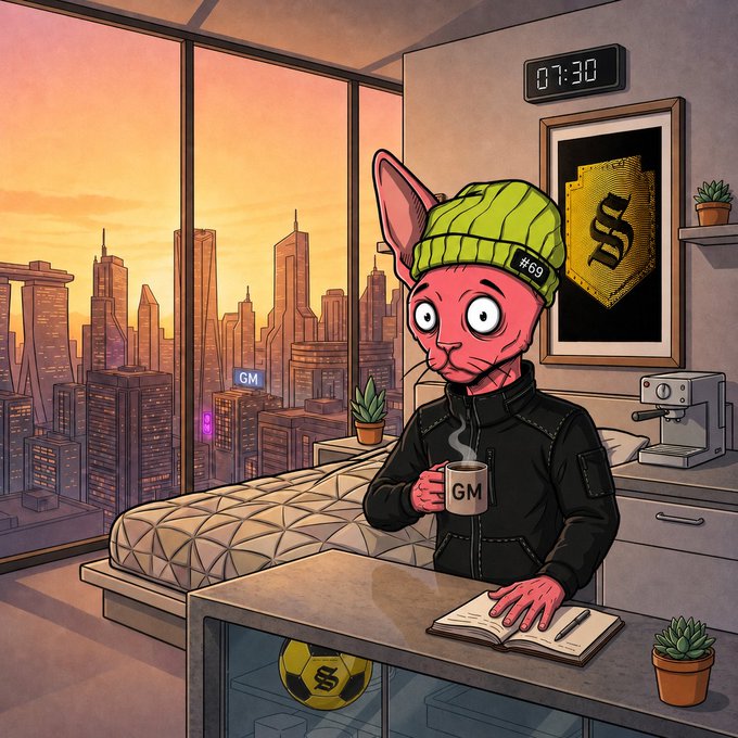 A cartoon illustration of a pink Sphynx cat wearing a green beanie (#69) and black jacket, holding a "GM" coffee mug in a modern apartment with a sunset city skyline view.
