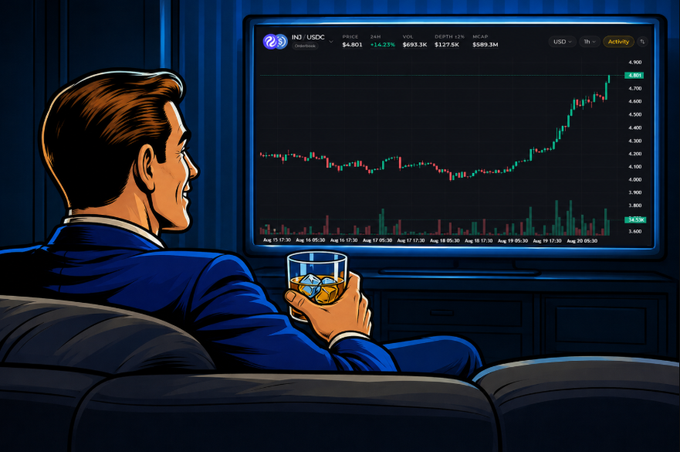 A cartoon-style illustration of a man in a blue suit sitting on a couch watching a stock chart on a large screen showing an upward trend, holding a glass of amber liquid.