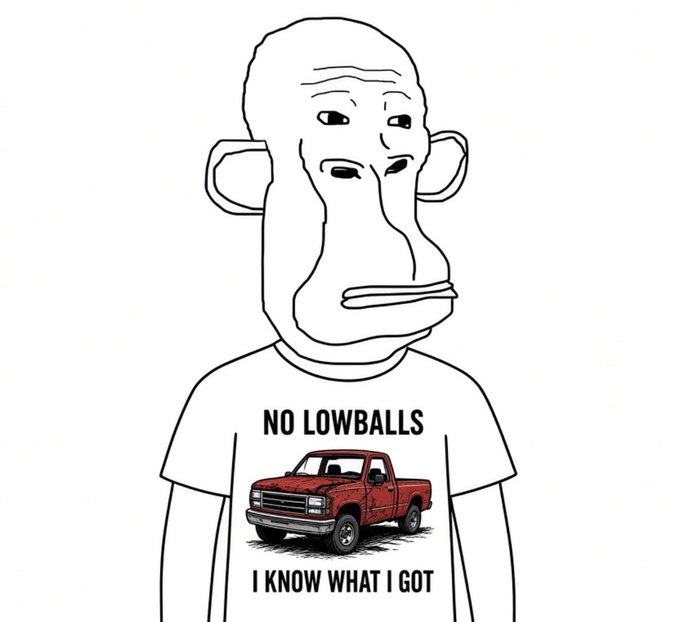A black-and-white cartoon image features a smug-faced bald man wearing a white t-shirt that displays a red pickup truck with the text "NO LOWBALLS I KNOW WHAT I GOT," fittingly illustrating the post's message rejecting lowball offers.