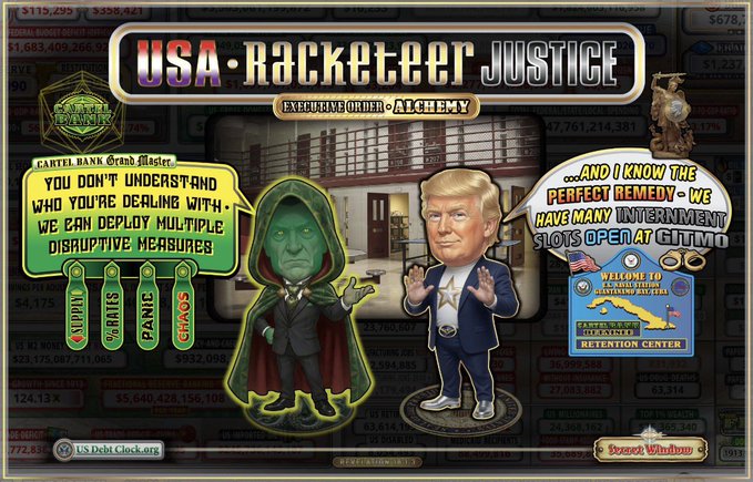 The image is a satirical illustration titled "USA Racketeer Justice - Executive Order: Alchemy," featuring caricatures of a hooded figure labeled "Cantell Bank Grand Master" warning "You don't understand who you're dealing with, we can deploy multiple disruptive measures," alongside a Trump-like character replying "...and I know the perfect remedy—we have many internment slots open at Gitmo," with a "Welcome to ALCHEMY RETENTION DETENTION CENTER" sign in the background showing the U.S. debt clock and references to Secret Voodoo.

The image connects to the post's narrative about Clarity (Bill/Hayner) and the U.S. debt clock by portraying a financial "alchemist" figure threatening disruptive measures in response to the looming debt crisis, with the cartoon villain proposing Gitmo internment as the absurd "remedy"—mirroring the post's suggestion that holders of Clarity are sending "disruptors to GITMO" as part of their grand financial plan.