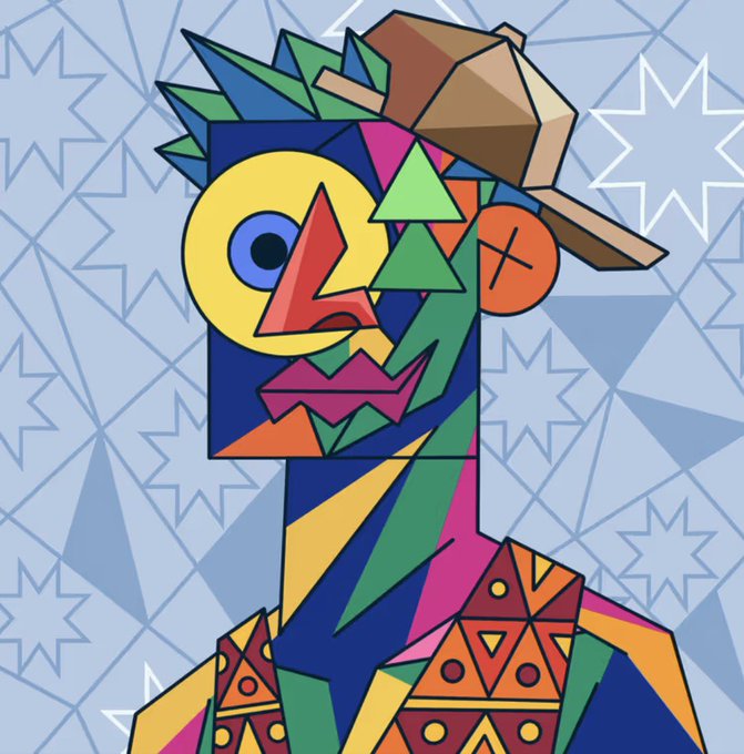 A colorful, geometric abstract portrait of a person wearing a backwards cap, featuring vibrant shapes and bold colors on a blue patterned background.