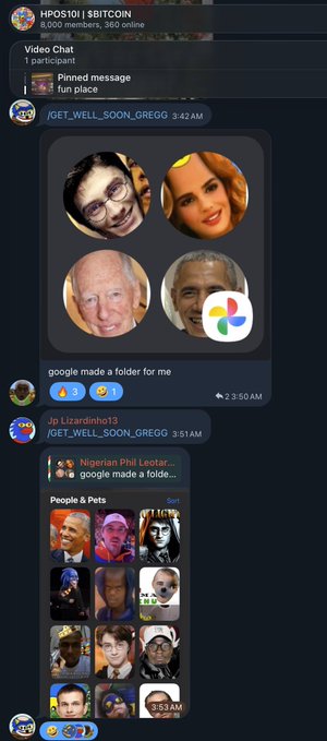 A Discord chat screenshot showing a message with a Google Photos folder containing portraits of Sundar Pichai, Steve Ballmer, and other figures, captioned 'google made a folder for me'.