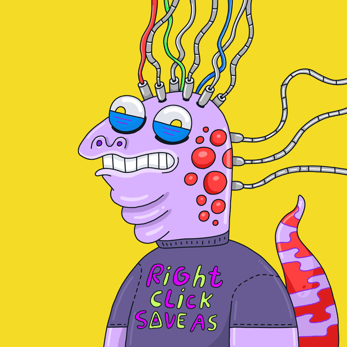A cartoonish purple reptilian creature with exposed brain wires, bulging blue eyes, and a stressed expression wears a shirt reading "RIGHT CLICK SAVE AS" against a bright yellow background. The image humorously represents someone's reaction to another collector amassing 637 Creepz NFTs, including a rare legendary piece featured on a 16.6 million-follower Instagram account.
