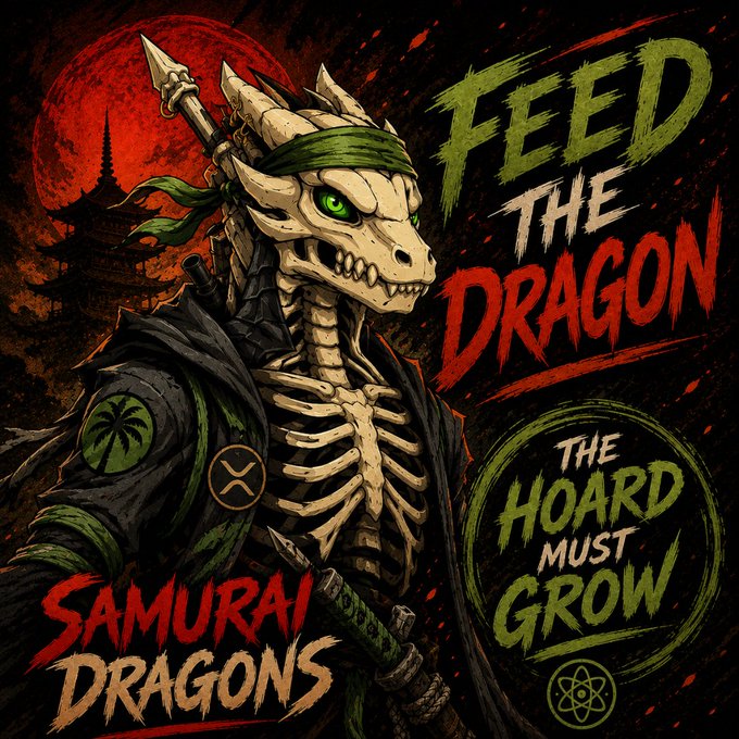 Stylized artwork of a skeletal dragon character in samurai attire with text 'FEED THE DRAGON' and 'THE HOARD MUST GROW' alongside 'SAMURAI DRAGONS'.