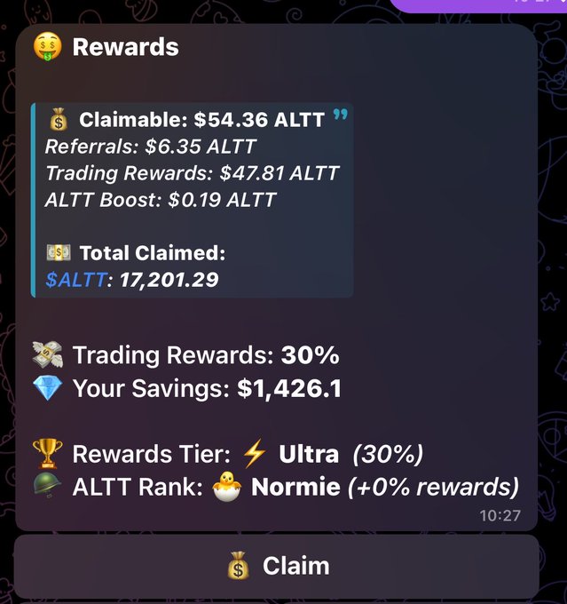 The image shows a screenshot of a trading app, which displays information about the user's trading activities. The app has several icons and text boxes providing details about the transactions made by the user and their potential profits or losses. One of the descriptions indicates that users can claim rewards for joining the app and using its services to participate in trading activities. 

There are two different reward tiers available, one offering cashback while the other offers altcoins as a reward. The image also includes a social media icon with the text "I'm giving away $25 later today within the next 12 hours! Within the next 12 hours, you can join my free TG channel @Altcoinist and use my Altcoinist Bot referral Everyone joining can already benefit from using my Altcoinist bot: cashback in !"