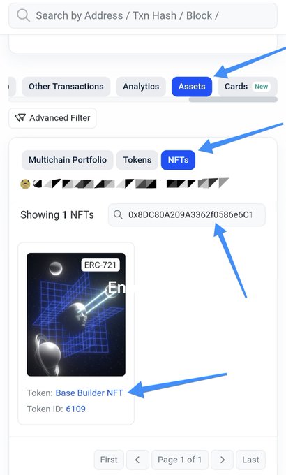 A screenshot of a digital asset dashboard with blue arrows pointing to 'Assets', 'NFTs', a token ID, and a 'Base Builder NFT' with Token ID: 6109.