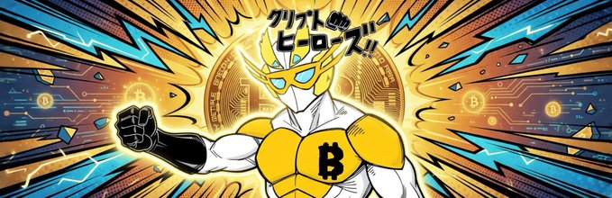 An anime-style superhero character in yellow and white armor featuring a Bitcoin symbol on the chest, with Japanese text 'クリプトヒーローズ' (Crypto Heroes) displayed at the top against a dynamic orange and blue background with cryptocurrency motifs.
