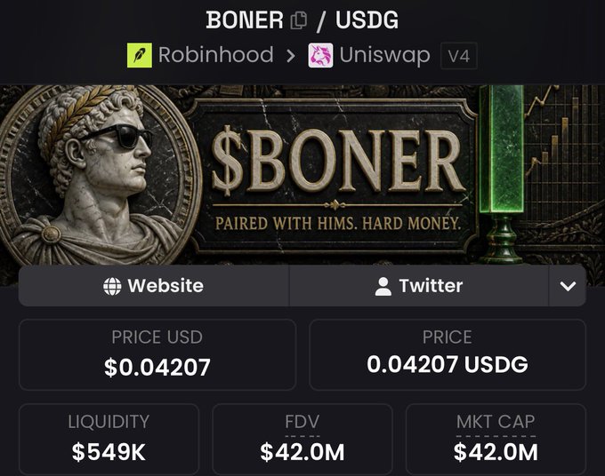 A crypto tracking page shows BONER/USDG token priced at $0.04207 with $549K liquidity, $42.0M FDV, and $42.0M market cap, alongside a stylized statue wearing sunglasses and the tagline "Paired with hims. Hard money." The image supports the post's bullish claim of "100M soon come" by displaying BONER's current ~$42M market cap, highlighting its substantial existing valuation as a potential entry point.