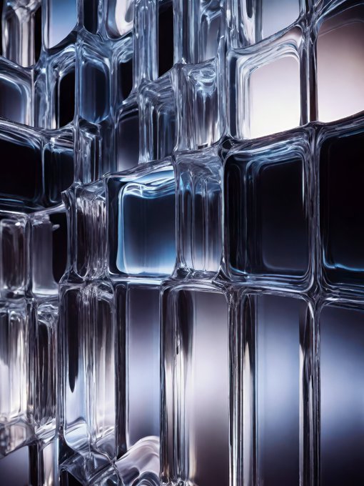 An abstract 3D render featuring glossy, translucent glass-like blocks with blue and purple reflections arranged in a grid pattern.