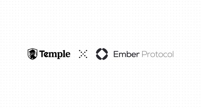 The image displays the logos of "Temple" and "Ember Protocol" side by side on a light dotted background, visually representing the partnership announcement between Temple Digital Group and Ember Protocol to launch eXAU and eXAG spot markets on Canton.