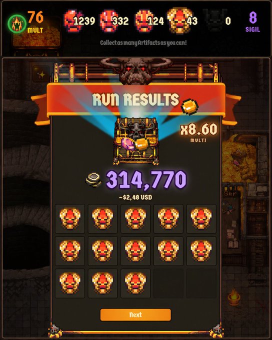 A video game 'Run Results' screen showing a score of 314,770 (~$2.48 USD) with an x8.60 multiplier and multiple treasure chest icons.
