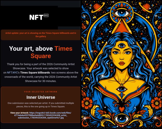 An NFT.NYC promotional graphic announcing 'Your art, above Times Square' for the 2026 Community Artist Showcase, featuring a mystical illustration of a blue-haired woman with three eyes titled 'Inner Universe'.