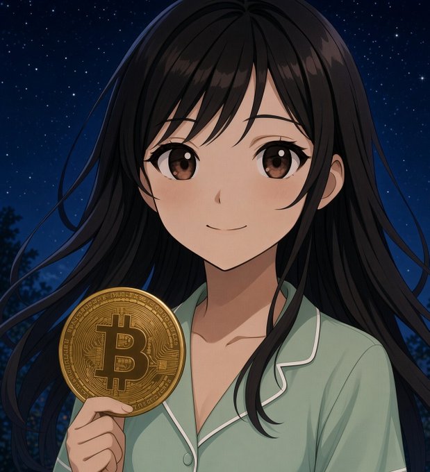 An anime-style illustration of a dark-haired young woman in green pajamas smiling and holding up a gold Bitcoin coin against a starry night sky.