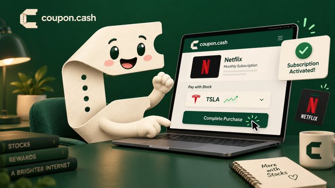 A promotional graphic for "coupon.cash" featuring an animated receipt character sitting at a laptop, showing a Netflix subscription purchase paid with TSLA stock.