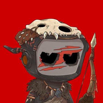 A digital illustration of a character wearing a TV-shaped helmet with an animal skull on top, holding a spear against a solid red background.