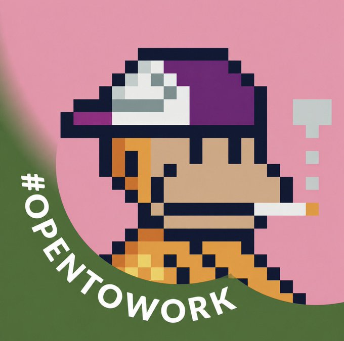 A stylized pixel art image of a man's profile wearing a hat and smoking a cigarette, with the hashtag "#OPENTOWORK" displayed prominently.