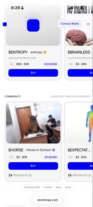 The image shows a mobile screenshot of the Enntropy launchpad homepage featuring meme coin listings, including $ENTROPY at $65.56K market cap, $BRAINLESS at $3.59K, and community-launched tokens like $HORSE ($2.90K) and $SEXPCAAT, highlighting the platform referenced in the post.