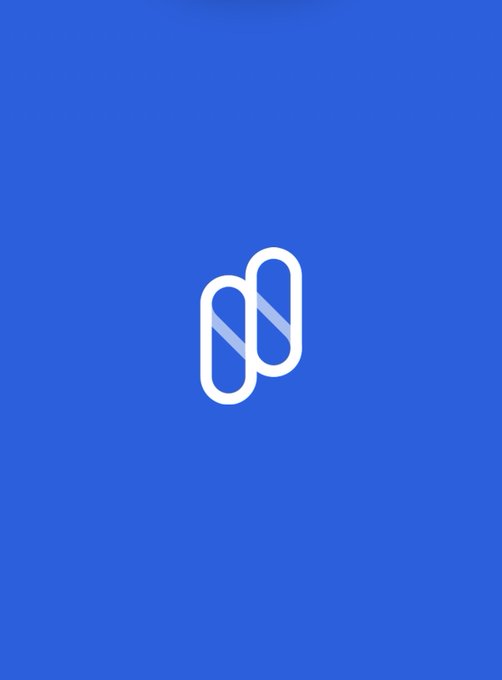 A minimalist blue graphic featuring a white logo that resembles two interlocking rounded shapes or capsules.