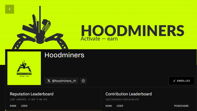 A bright green and black webpage for "HOODMINERS" with the tagline "Activate - earn," showing the X handle @hoodminers_rh and "ENROLLED" status alongside Reputation and Contribution Leaderboards.