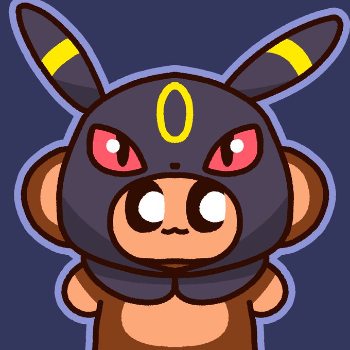 Illustration of a dark, bat-like creature with large pointed ears, glowing red eyes, and a yellow oval symbol on its forehead, resembling a Pokémon parody.