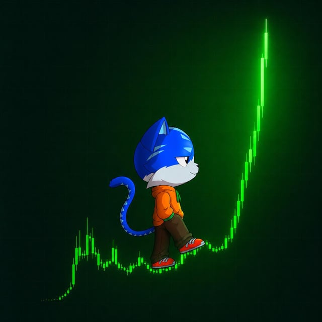 !"", which features a blue cartoon character walking towards a green upward-pointing line with a cat wearing an orange coat following along. The post focuses on the concept of "Let's go baby!!! $TOSHI going against the grain as people scoop up over 90% discounted coins from all-time highs!" and encourages users to buy coins at their current penny value for the next penny, demonstrating a sense of humor and creativity in marketing an unusual situation.