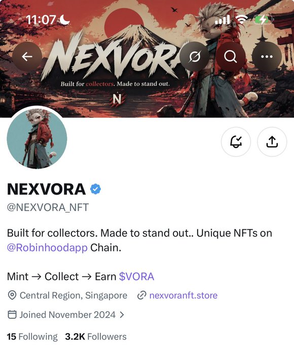 A Twitter/X profile for 'NEXVORA' (@NEXVORA_NFT) shows anime-style artwork with the tagline 'Built for collectors. Made to stand out..' advertising unique NFTs on Robinhood Chain, located in Central Region, Singapore.