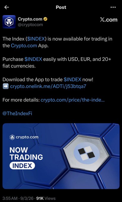 Crypto.com announces that $INDEX is now available for trading on their app, purchasable with USD, EUR, and 20+ fiat currencies.
